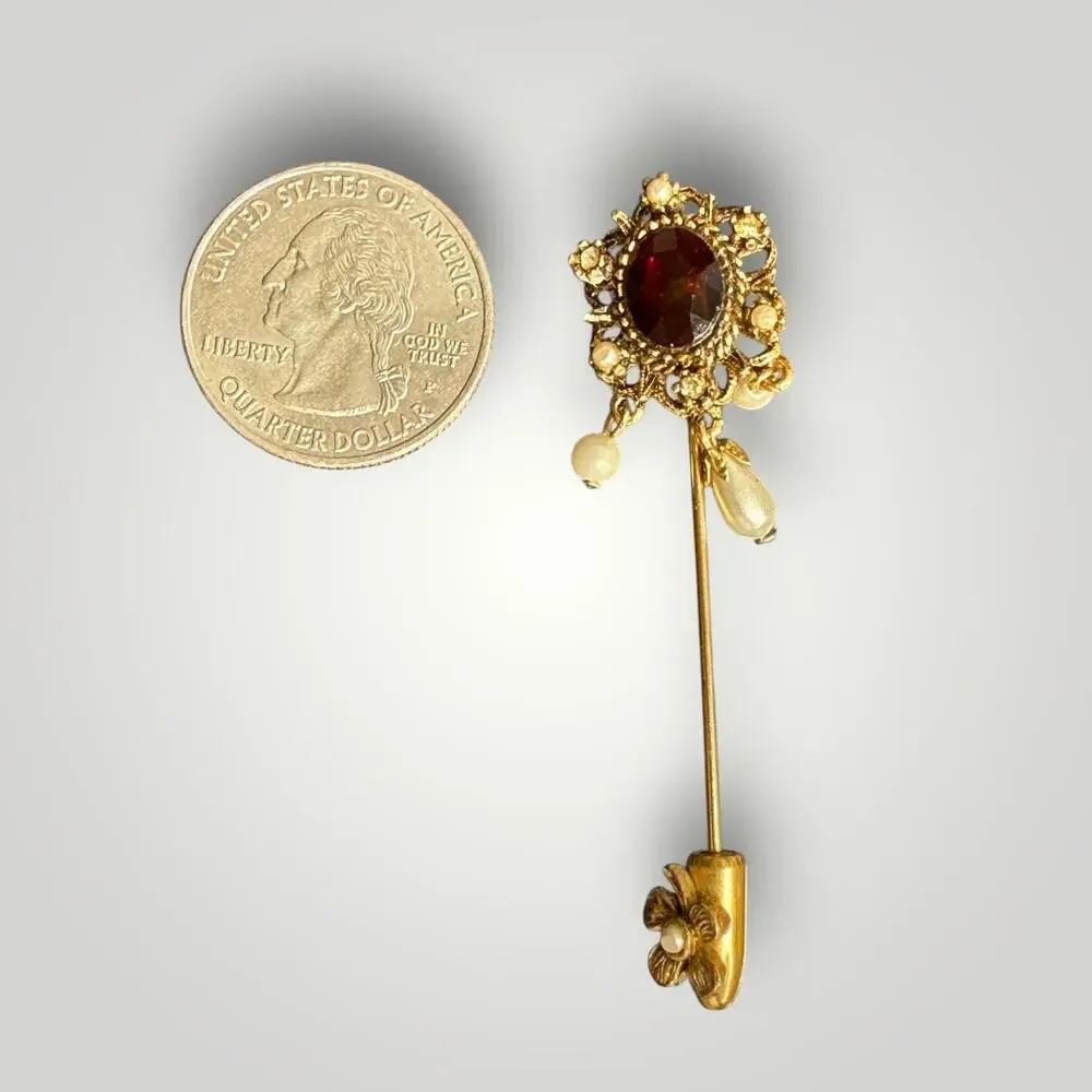 Vintage ART Signed Stick Pin Red Rhinestone Faux Pearl Gold Tone Victorian